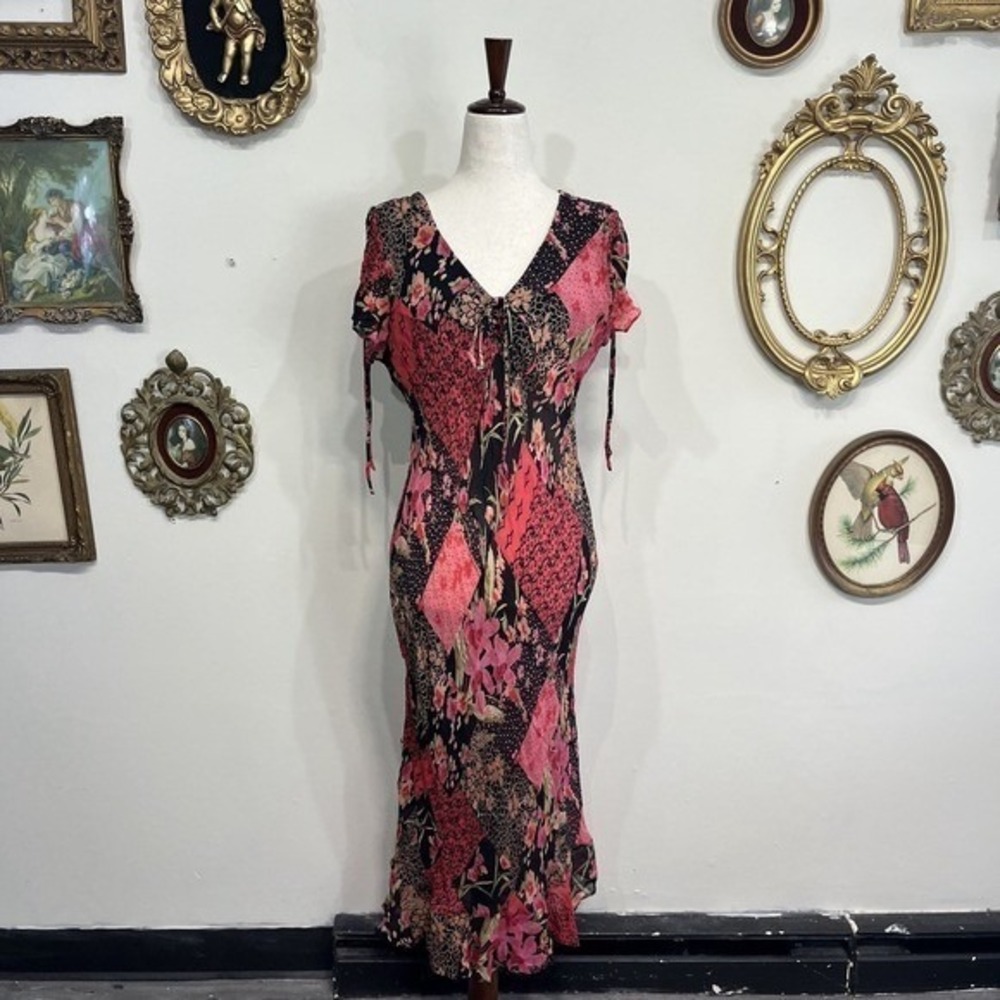 Vintage Paradise NY Patchwork Floral Midi Dress Red Tie Sleeve Size S